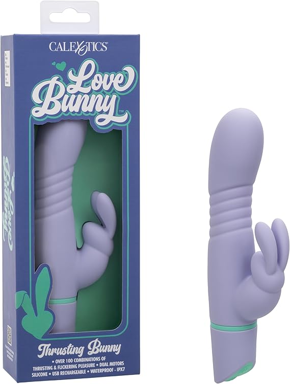 Vibrador estimulante de clítoris de conejo, impermeable de silicona recargable, púrpura Love Bunny ThrustBunny CalExotics