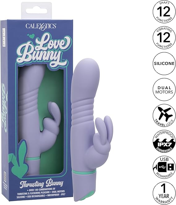 Vibrador estimulante de clítoris de conejo, impermeable de silicona recargable, púrpura Love Bunny ThrustBunny CalExotics