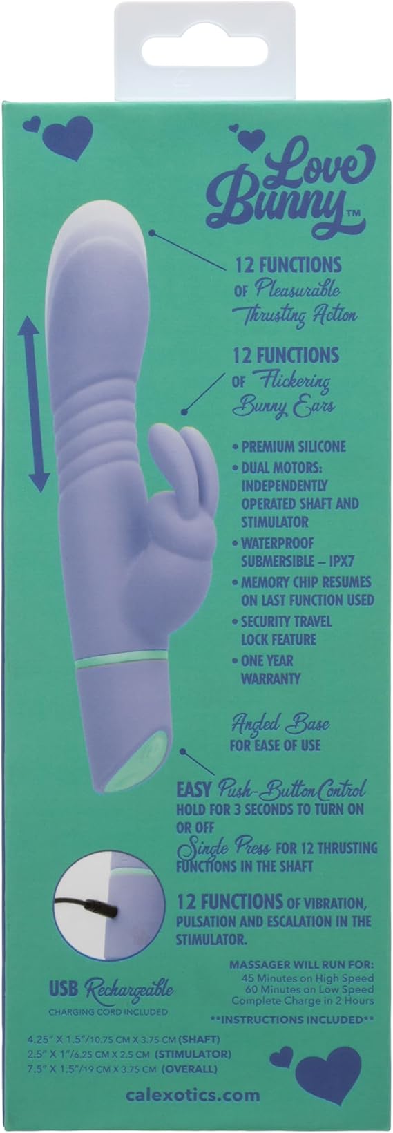 Vibrador estimulante de clítoris de conejo, impermeable de silicona recargable, púrpura Love Bunny ThrustBunny CalExotics