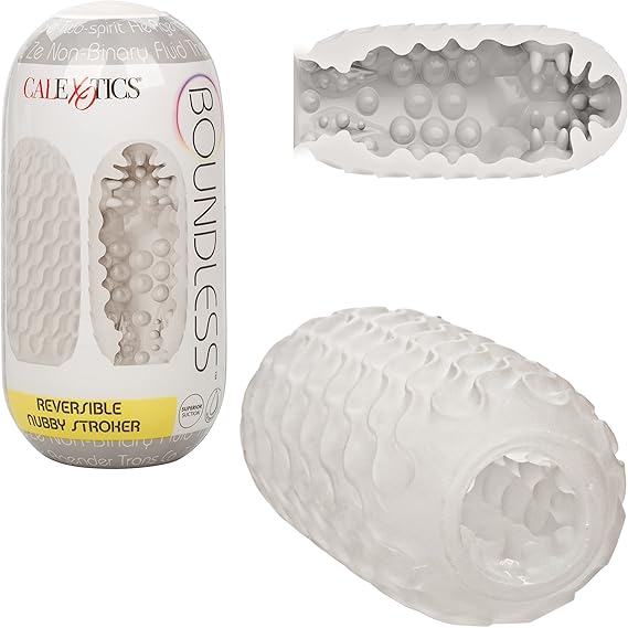 Masturbador masculino Funda de placer texturizada transparente, CalExotics Boundless Reversible Nubby Stroker