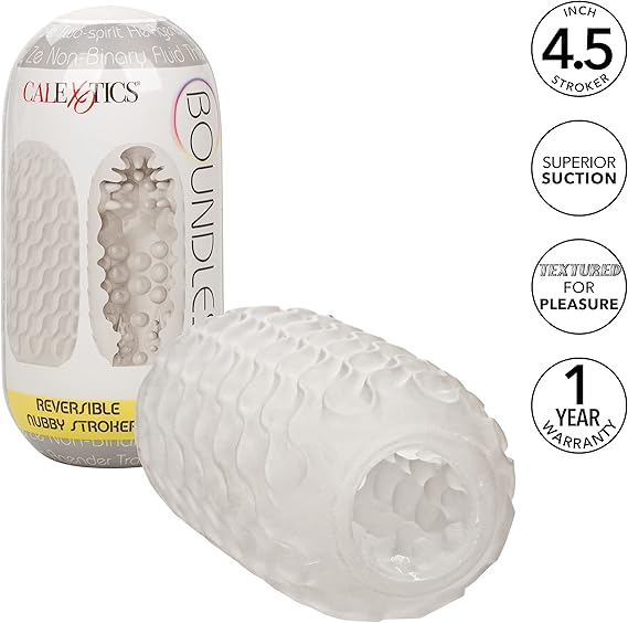 Masturbador masculino Funda de placer texturizada transparente, CalExotics Boundless Reversible Nubby Stroker