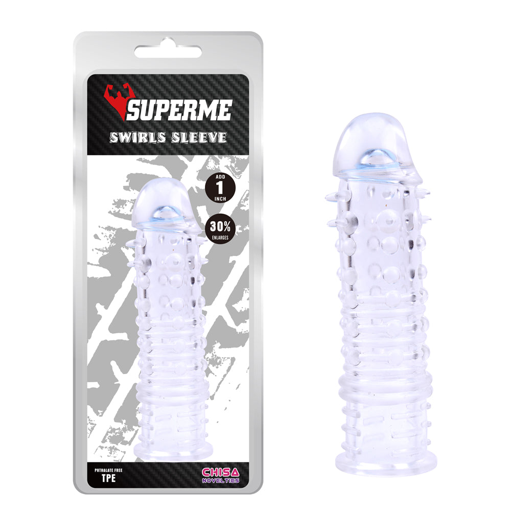 Funda extensor de pene,una pulgada más, Swirls Sleeve clear, transparente