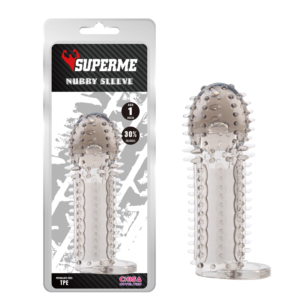 Funda extensor de pene, transparencia gris, 11cm x 2,5cm Nubby Sleeve-Grey Chisa