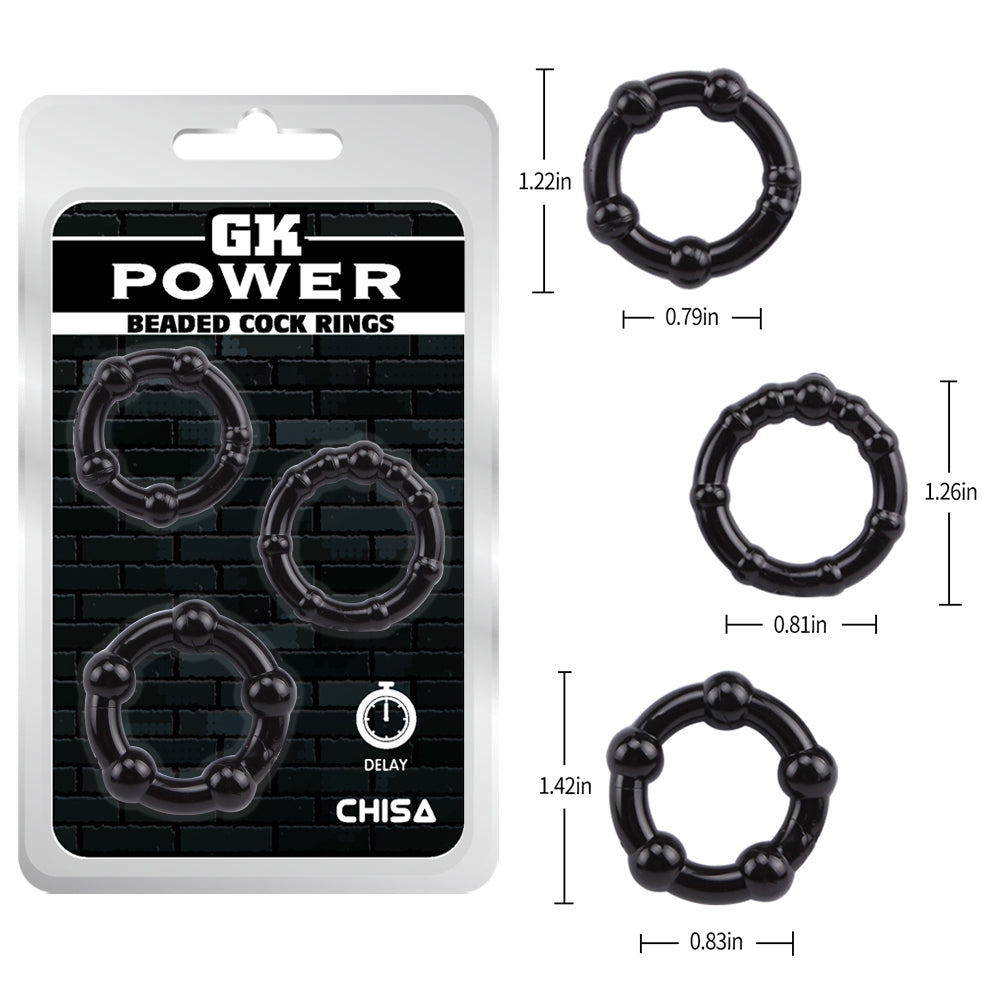Anillos para pene y testículos set de 3, erección mas firme y duradera, negros Beaded Cock Rings Chisa