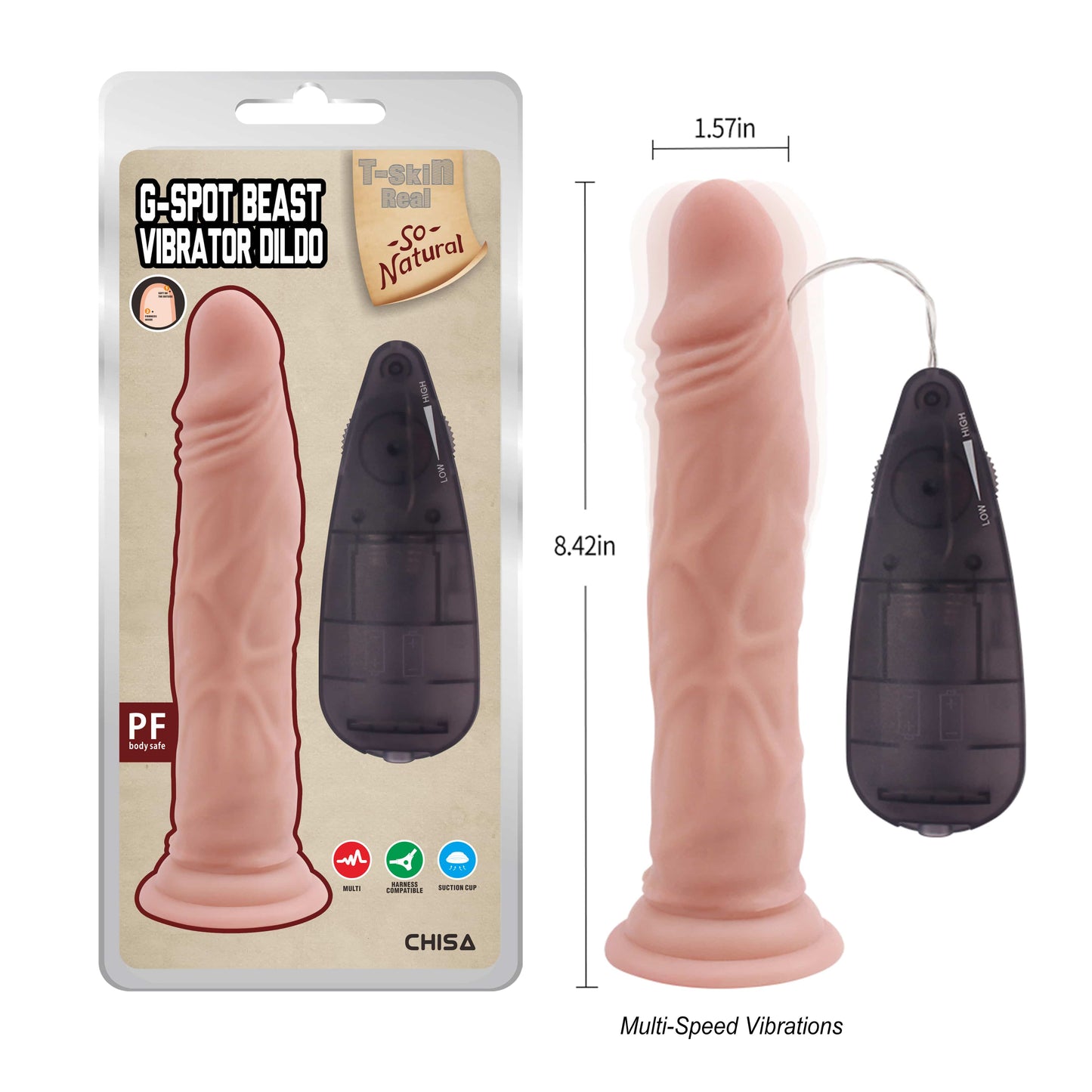 Vibrador realista, color carne, adherible, compatible con arnés G-Spot beast 21cm