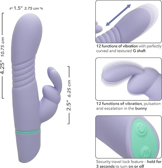 Vibrador estimulante de clítoris de conejo, impermeable de silicona recargable, púrpura Love Bunny ThrustBunny CalExotics