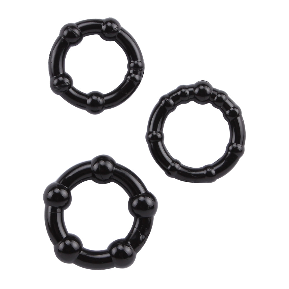 Anillos para pene y testículos set de 3, erección mas firme y duradera, negros Beaded Cock Rings Chisa